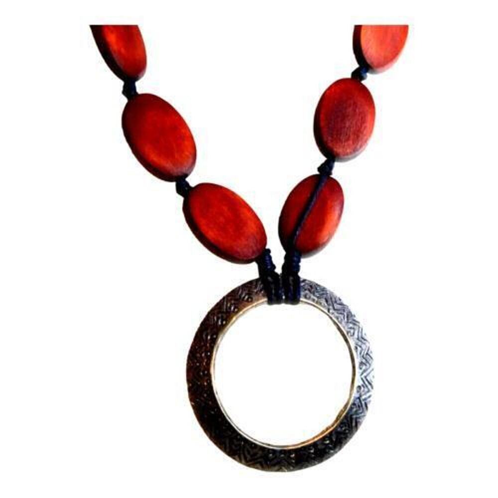 Chicos Necklace Chico's Boho Circle Pendant Red Dyed Wood Oval Bead SKU 2179